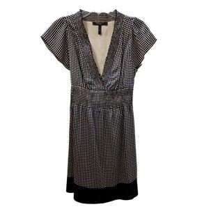 BCBG Maxazria Dress Small Petite Silk Black Beige Checked V-Neck Smocked Waist